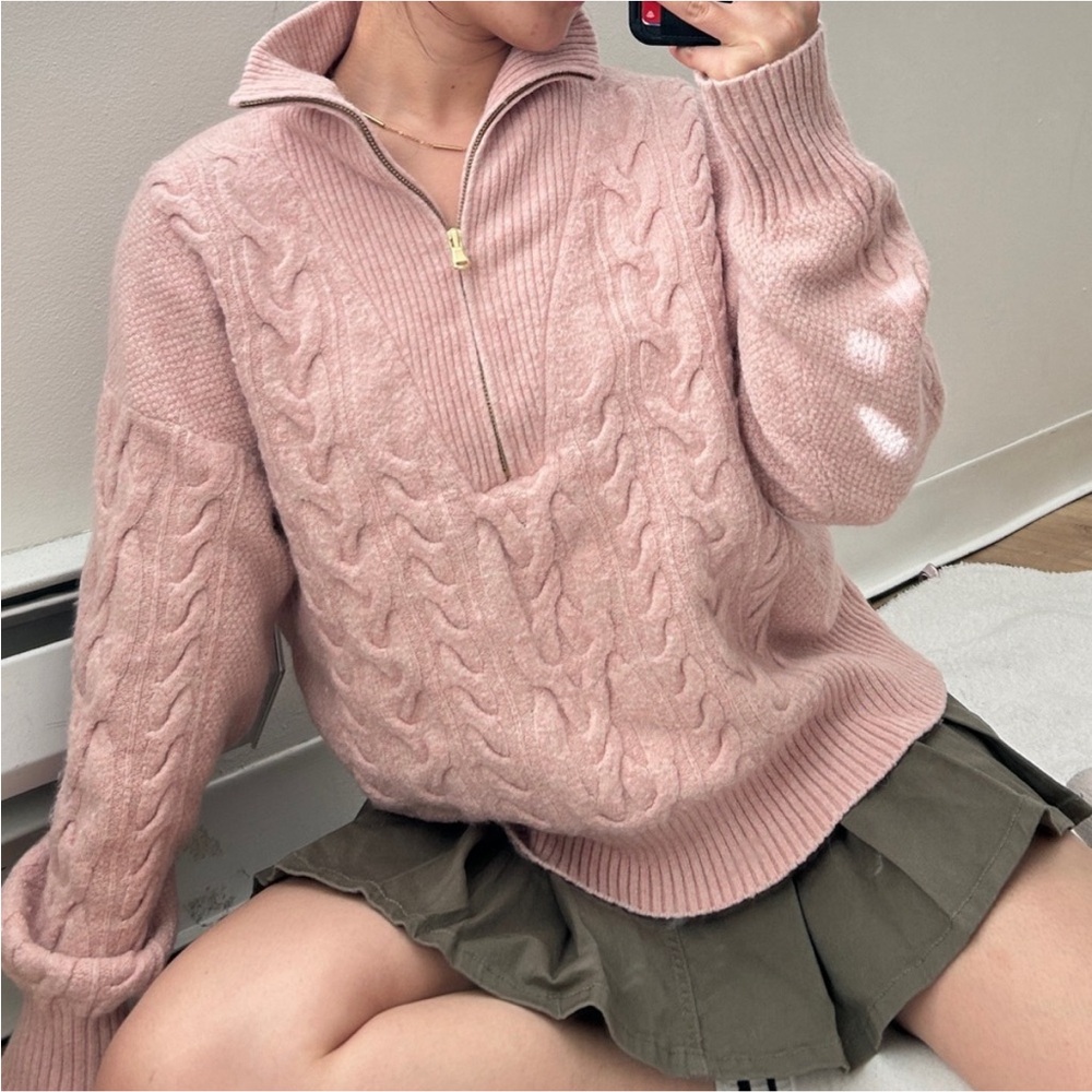J.Crew Cable Knit Quarter Zip Sweater in Pink Size Small